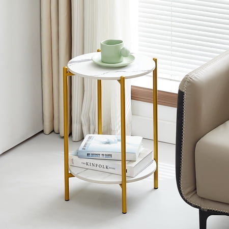 CoSoTower 2-Layer End Table With Whole Marble Tabletop, Round Coffee Table With Golden Metal Frame For Bedroom Living Room Office (White, 1 Piece)