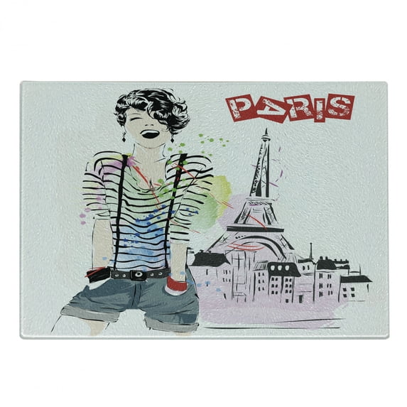 Eiffel Tower Cutting Board, Sketch of Laughing Girl in Front of Eiffel Tower Paris Happiness Stain, Decorative Tempered Glass Cutting and Serving Board, Small Size, Multicolor, by Ambesonne
