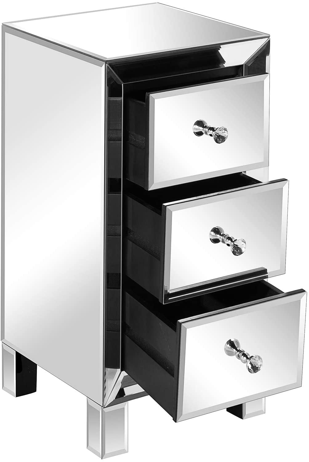 UBesGoo Mirrored Nightstand, 3 Drawers Bedside Table, Smooth Mirror