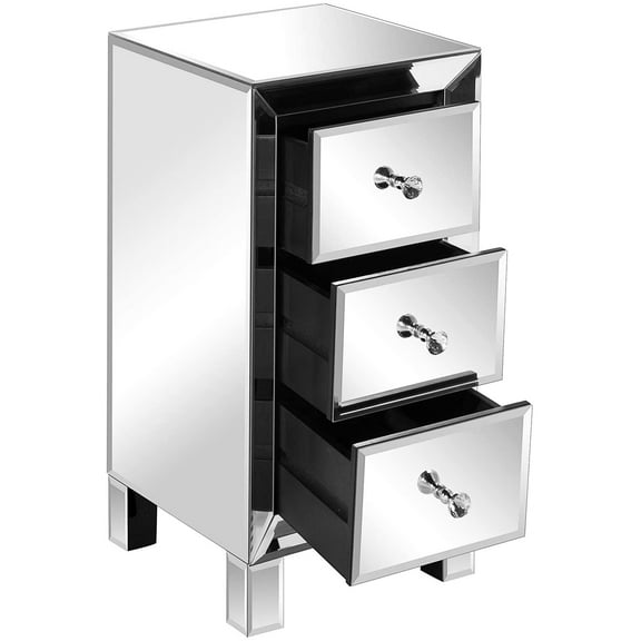 UBesGoo Mirrored Nightstand, 3 Drawers Bedside Table, Smooth Mirror Finish with Crystal-Style Knobs Night Table for Bedroom, Living Room, Silver