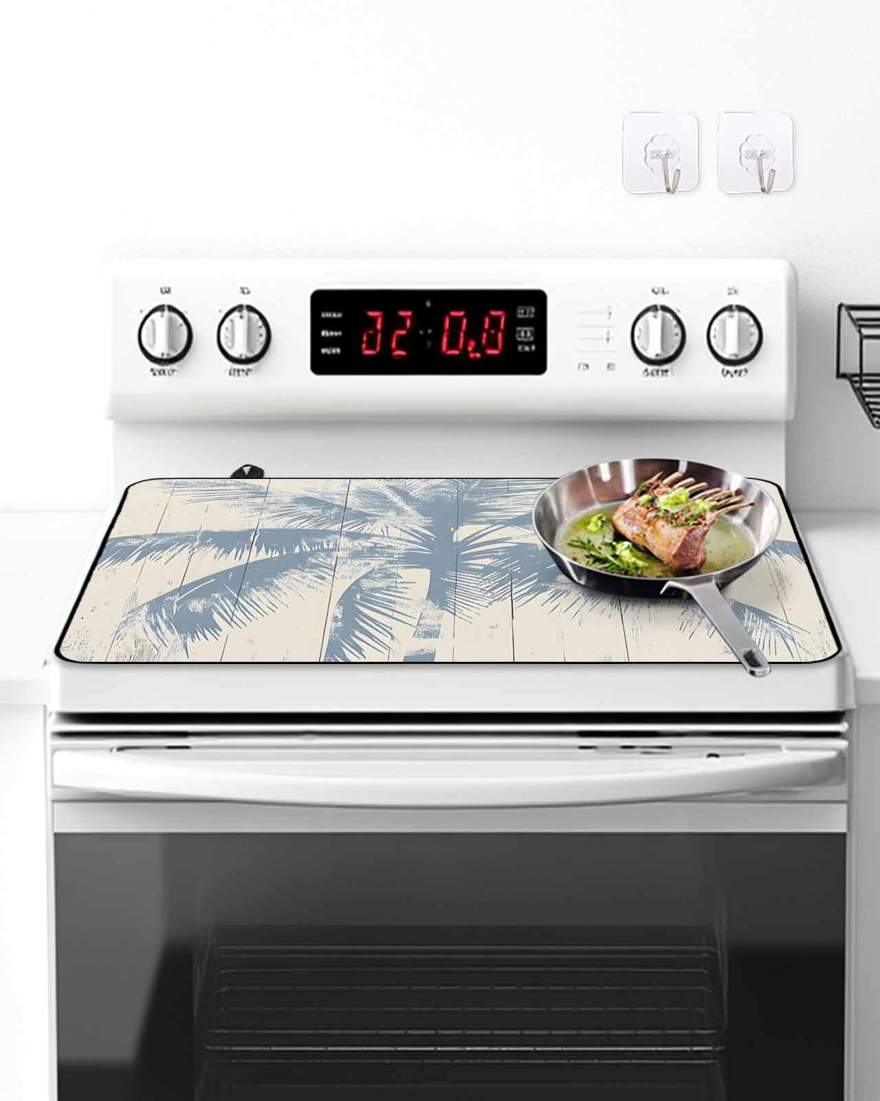 Stove Top Covers for Electric Stove, Blue Palm Tree Glass Stovetop Cover Protector, Coastal Summer Wooden Induction Cooktop Protector Oven Mat for Kitchen Countertop 36"x21"