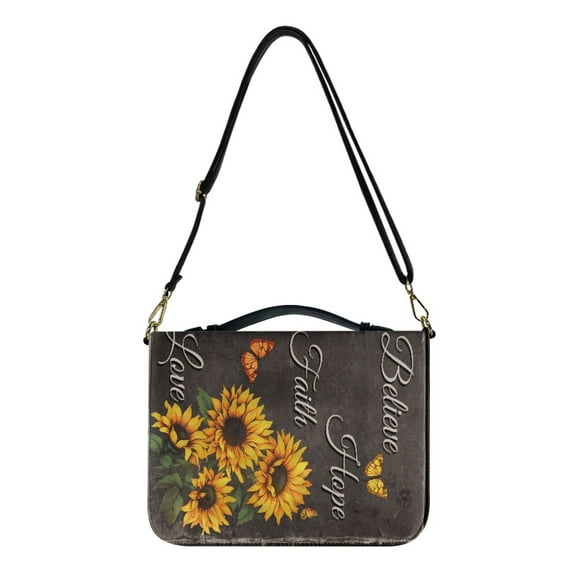 Kuiaobaty Sunflower Butterfly Print Bible Cover for Women Men Believe Hope Hpoe Love PU Leather Bible Case Church Bag with Handle Multifunctional Bible Study Tools Tote Bags with Shoulder Strap, L