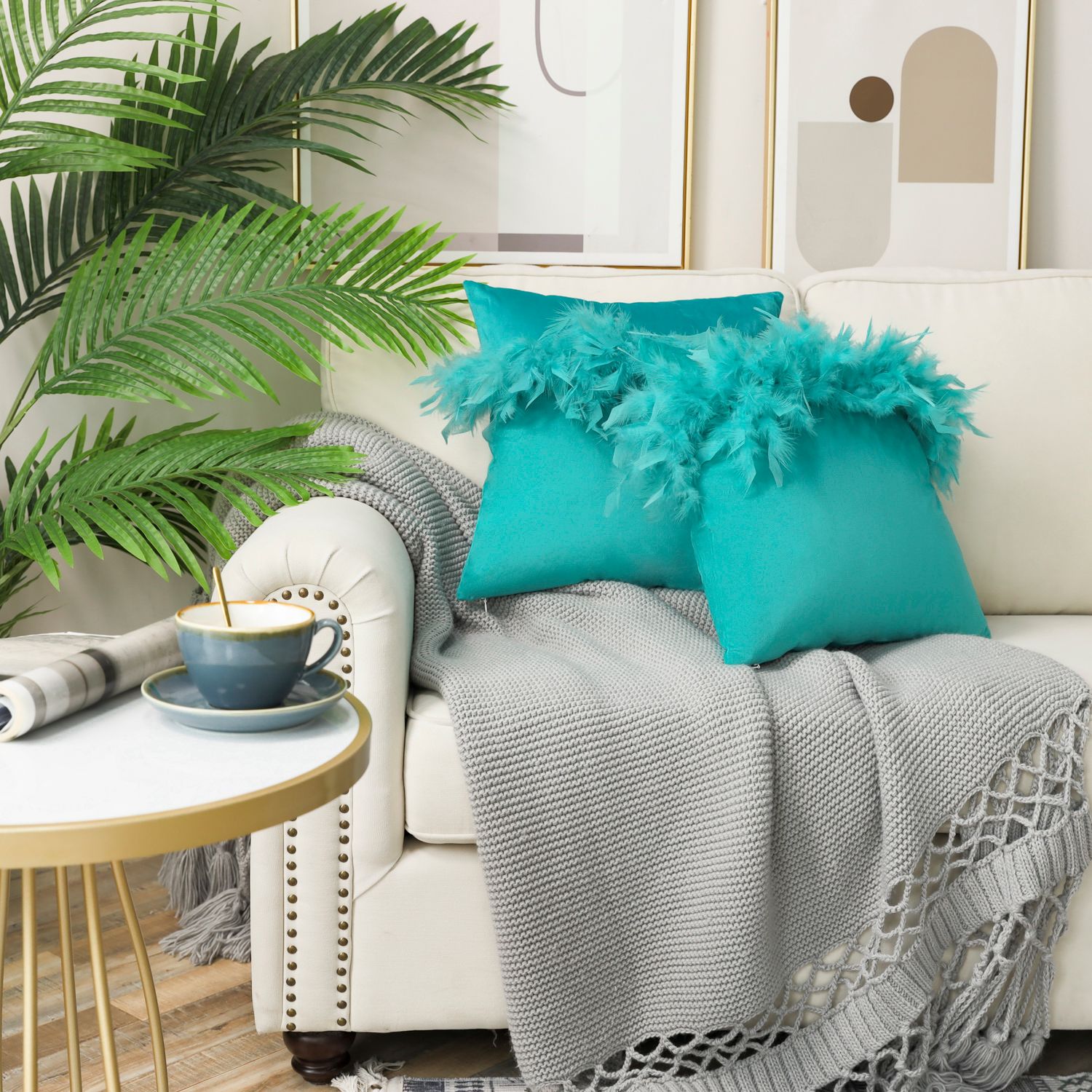 Phantoscope Feather Velvet Decorative Throw Pillows, 18 x 18 in, Turquoise, 2 Pack