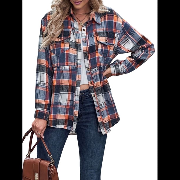 Camisas A Cuadros para Mujer, de Larga, con Botones, Estilo Babydoll, Peplum, Blusas Informales Extragrandes con Bolsillos Naranja S