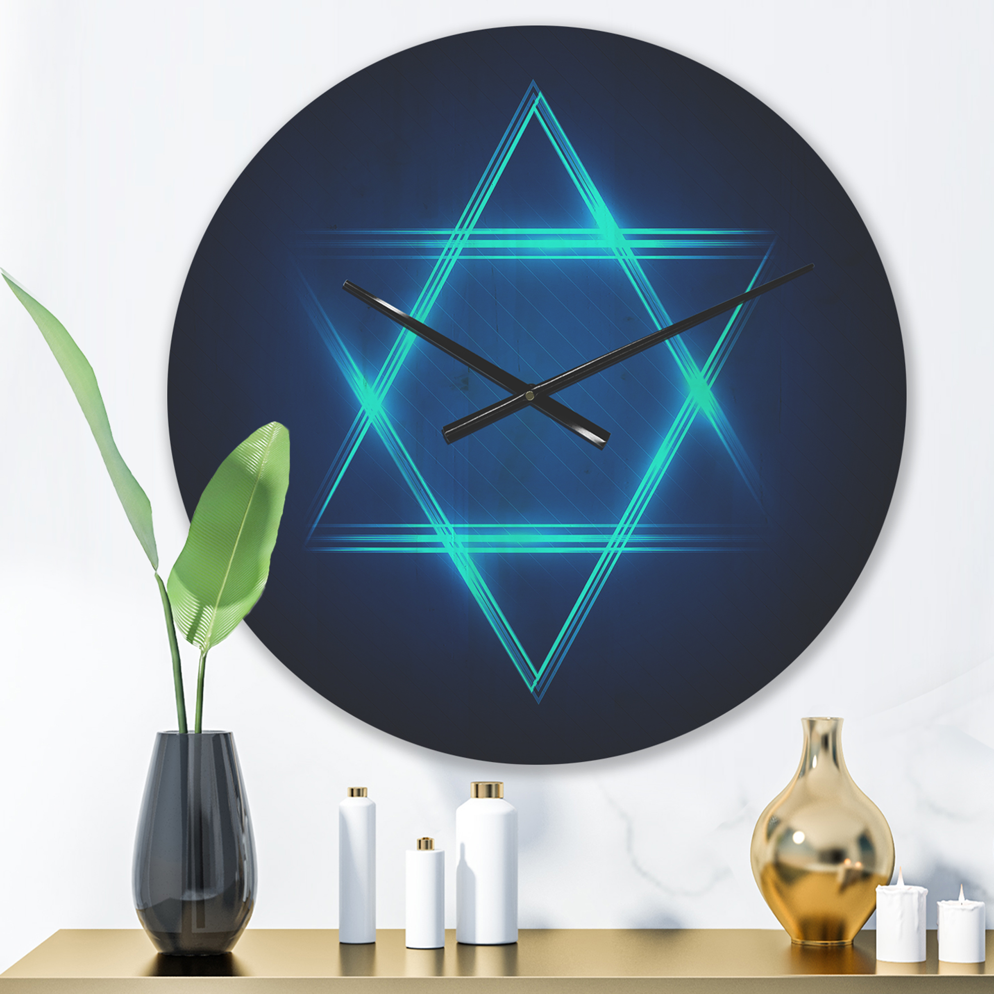 Designart 'Blue Neon Star of David' Modern Wood Wall Clock - image 2 of 5