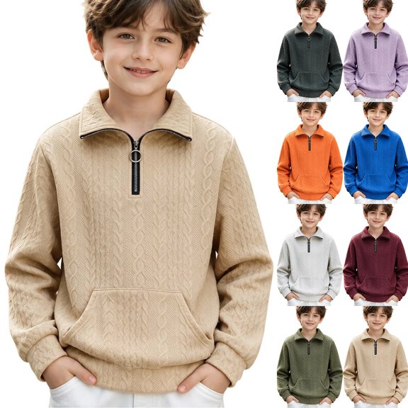 Ultrave Boys Half Zip Sweatshirt Cable Textured Long Sleeve Lapel Pullover Top with Kangaroo Pocket for Fall Winter