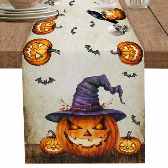 Halloween Table Runner 90 Inches Long for Dining Table Decor,Orange Fall Pumpkin Witch Hat Bat Beige Burlap Linen Farmhouse Table Runner Coffee Table Runners Dresser Scarf for Kitchen Party Holiday