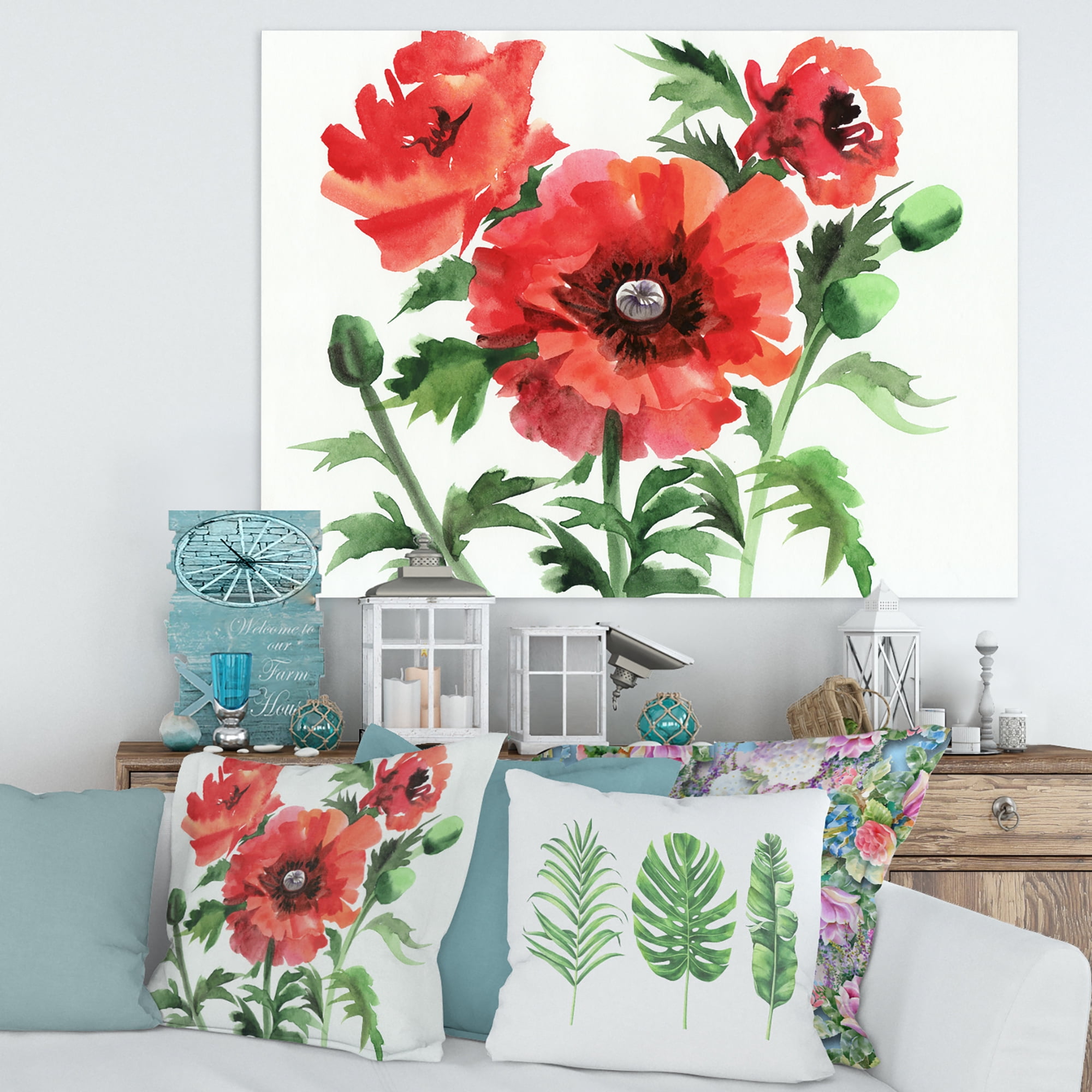 Designart ' Ancient Red Poppies II ' Traditional Canvas Wall Art Print