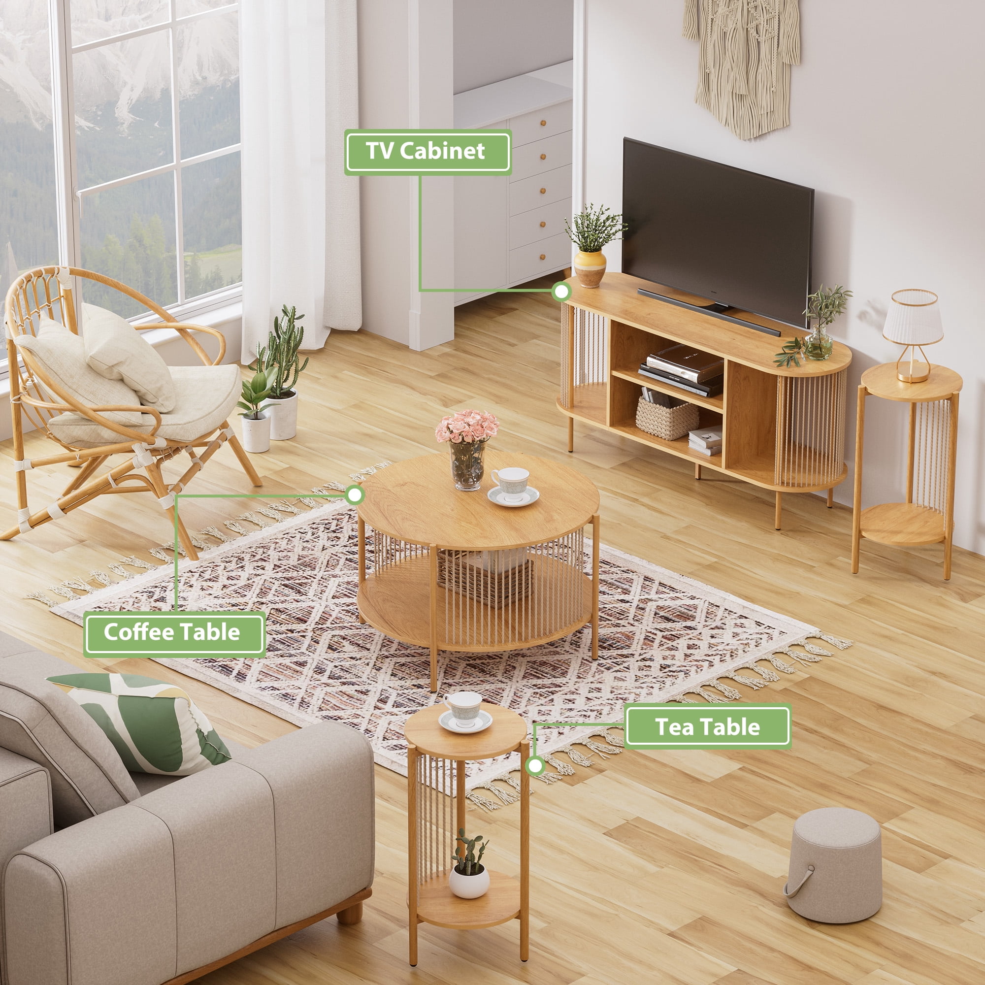 Brafabhome 3-Pieces Coffee Table Set with Hand-Woven Natural Rope, Boho Living Room Table Set with Storage Shelf and Metal Frame, Round Coffee Table & 2 Side Tables for Apartment Home Office