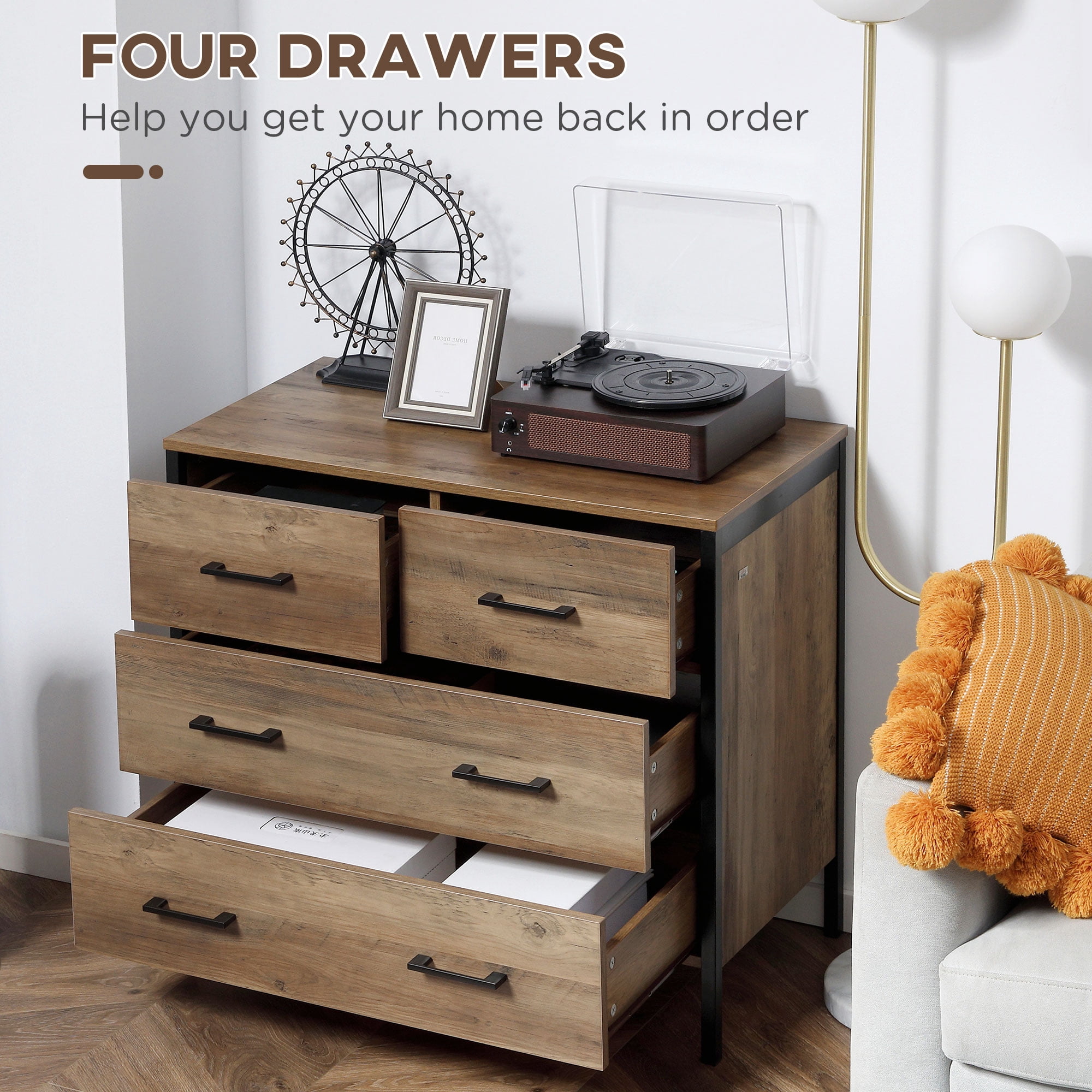 Commode 10 Tiroirs HOMCOM - Rangement Tissu, Cadre Acier, Marron Rustique, 94,5x86x30 Cm