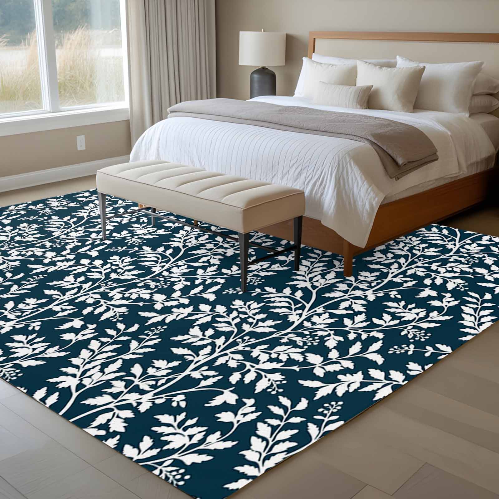 5'x7' Area Rugs for Living Room Bedroom, Navy Blue Spring Floral Washable Rug Carpet Runner Indoor Outdoor, Farmhouse Flowers Elegant Pastoral Non Slip Floor Mats Area Rug for Kitchen, Nursery