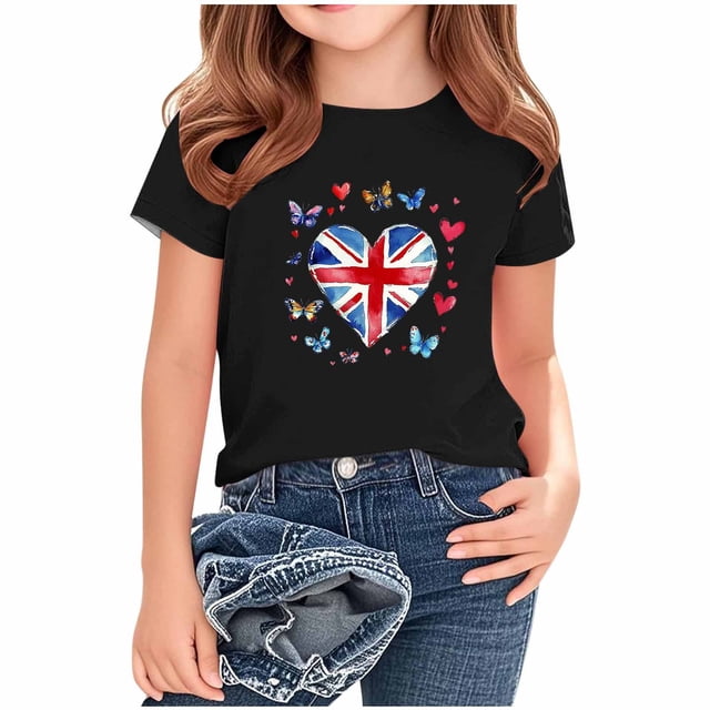 T-Shirt Graphique à Manches Courtes et Col Rond pour Enfants, Imprimé Drapeau Britannique, Mélange Doux de Polyester et Spandex, Haut Décontracté Respirant, Lavable en Machine, pour Garçons et Filles