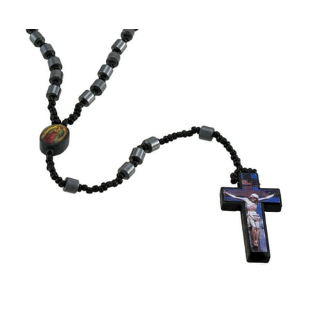 Hematite Barrel Beaded Rosary Printed Graphic Cross Purple