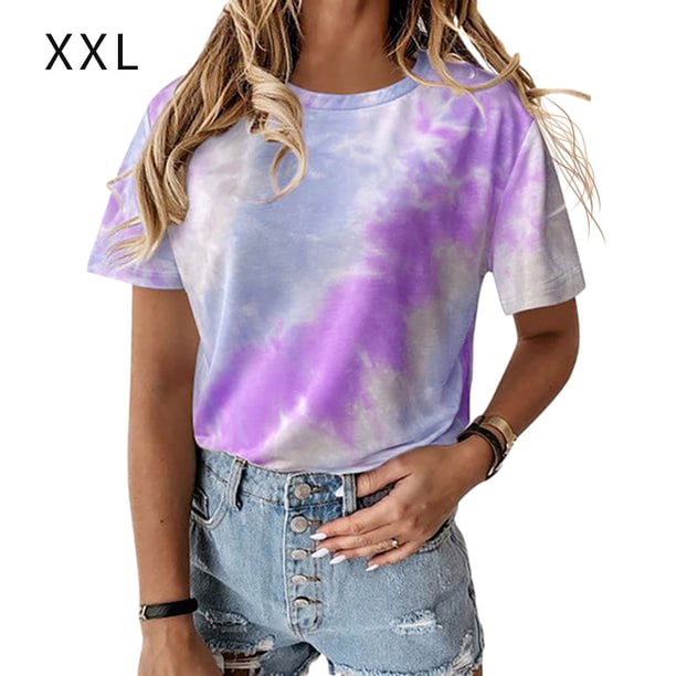Camiseta de mujer Cuello redondo Manga corta Tie-dye Printed Casual Top, Morado, XXL Inevent AP000470-25