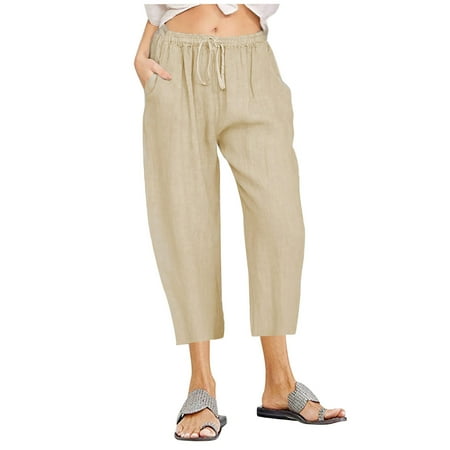 DeHolifer Women s Capri Pants with Pockets Cotton Linen Workout Out Leggings Stretch Waist Pocket Yoga Gym Cropped Trousers Khaki S