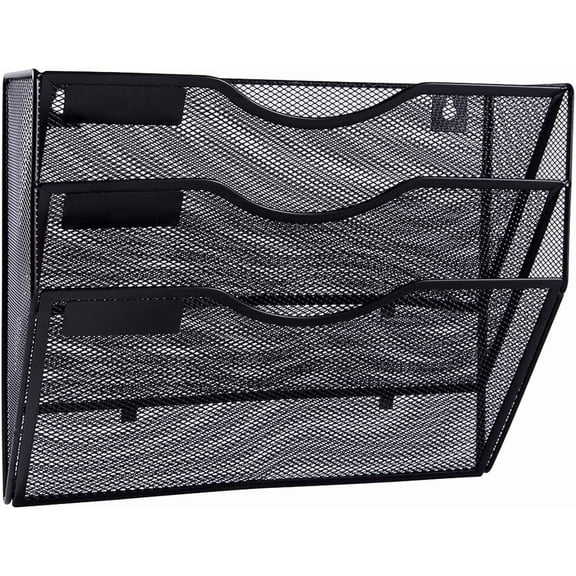 TAVENE Black 3 Pocket Mesh Hanging Wall File Organizer Wall Mounted Mail Paper Document Folder Holder with Nametag Label Clipboard Storage Organization Magazine Rack for Office Home School