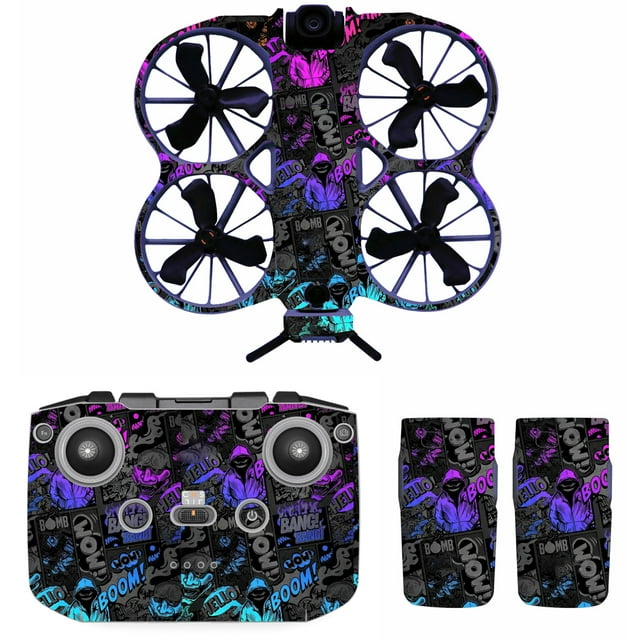 for DJI Neo 2 Sticker Kit, Waterproof Skin Decorative Decal for DJI Neo2 Drone, Controller & Batteries, Anti-Scratch Protective Film Accessories. The image displays a graffiti-style sticker set in purple, blue, and black tones, designed for the DJI Neo2 drone, remote controller, and two batteries. These vinyl decals are waterproof, UV-resistant, and scratch-proof, offering both style and protection. Each sticker is precision-cut to fit the drone and accessories without interfering with sensors or buttons, ensuring a seamless application.