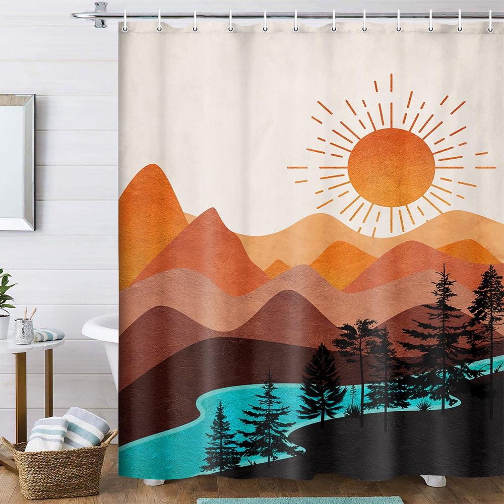 Boho Western Mountain Shower Curtain, Nature Forest Tree Lake Sun