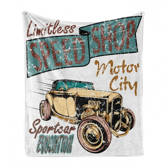 Cars Soft Flannel Fleece Throw Blanket, Limitless Speed Shop Advert with a Vintage Sports City Evolution Print, Cozy Plush for Indoor and Outdoor Use, 50" x 70", Sand Brown Blue Grey, by Ambesonne