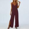 Womens Sleeveless Jumpsuit V Neck Adjustable Straps One Piece Jumpsuit Fashion Side Slit Loose Long Pants with Pockets ,Red,S