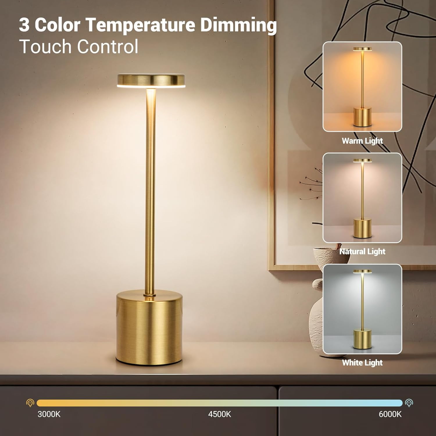 OhhGo Rechargeable Cordless LED Table Lamp, Portable LED Touch Lamp 3 Level Dimmable Tables Lights Reading Lamps 5200mah Battery Powered USB Bedside Lamps Decoration Lights（2 Pcs Gold)