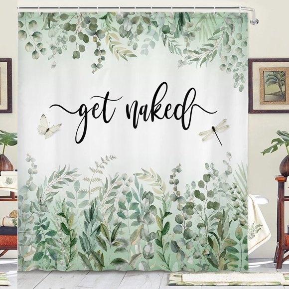 Boho Botanical Bliss Shower Curtain - Fresh Green Eucalyptus & Butterfly Design, Cottagecore Aesthetic, 70x70IN, 12 Hooks