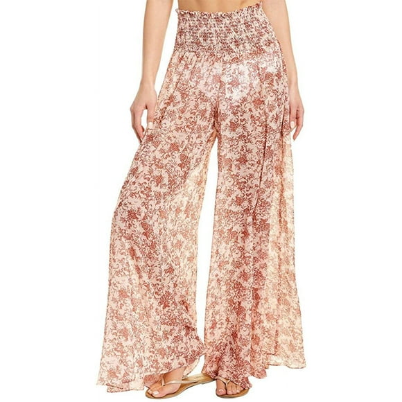 Caroline Constas Womens Smocked Waist Floral Wide Leg Pants, Rustcopper, Medium