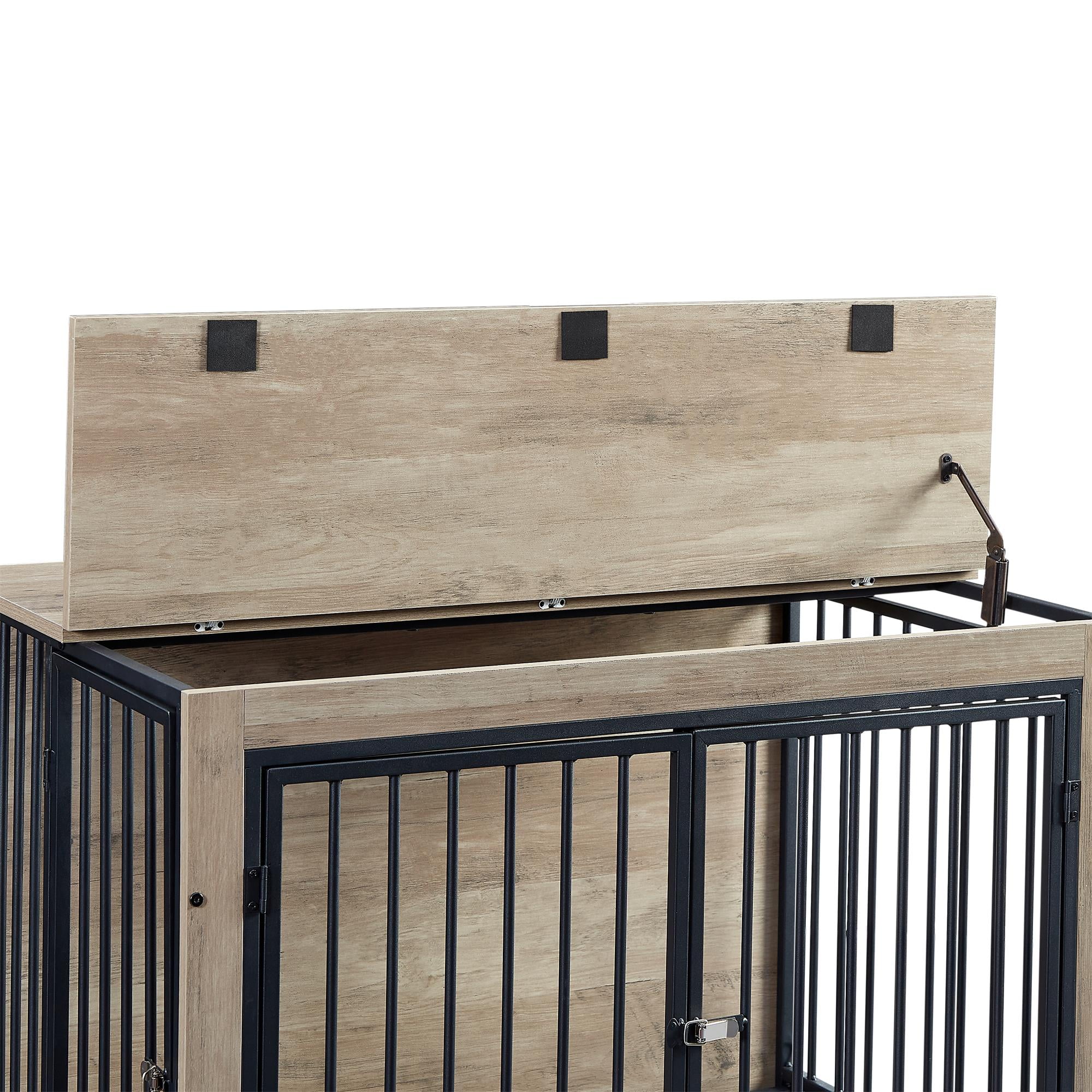 Pefilos 38" Furniture Style Dog Crate with Rotatable Feeding Bowl, Wheels, Three Doors Kennel, Indoor Dog Cage Flip-Up Top Opening, Gray Pefilos 38" Furniture Style Dog Crate with Rotatable Feeding Bowl, Wheels, Three Doors Kennel, Indoor Dog Cage Flip-Up Top Opening, Gray