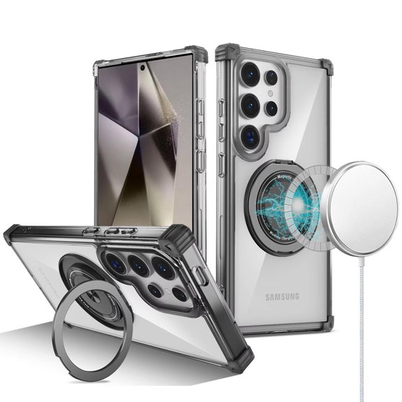 For Samsung Galaxy S25 Ultra Case, Shield Magnetic Case [Compatible with MagSafe], 360° Rotatable Invisible Ring Stand, Transparent Back Phone Cover (Black)