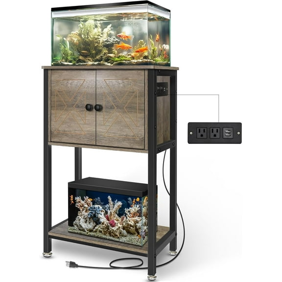 5-10 Gallon Fish Tank Stand, Double Fish Tank Table for Fish Tank Accessories Storage, Heavy Duty Aquarium Stand with Storage Cabinet & Power Outlets, 20.5"* 11", Gray