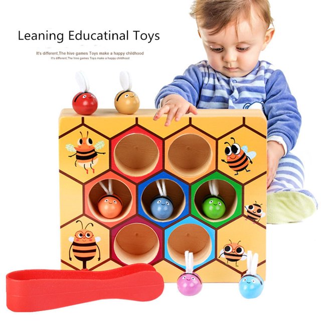 Wooden Children Montessori Early Education Beehive Game Leaning Educatinal Toys Childhood Color Cognitive Clip Small Bee Toy1pcs He Qiyong unisex