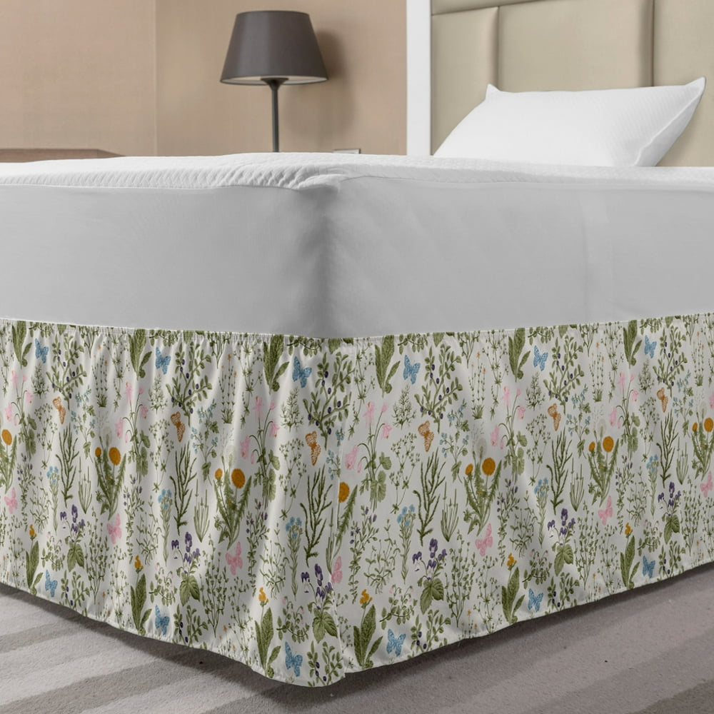 Floral Bed Skirt, Vintage Garden Plants Herbs Flowers Botanical Classic