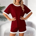thumbnail image 4 of Plus Size Two Piece of Outfits for Womens Summer Crew Neck Short Sleeve Ribbed Contrast Drawstring Shorts Casual Loungewear 2 Piece Set, 4 of 5