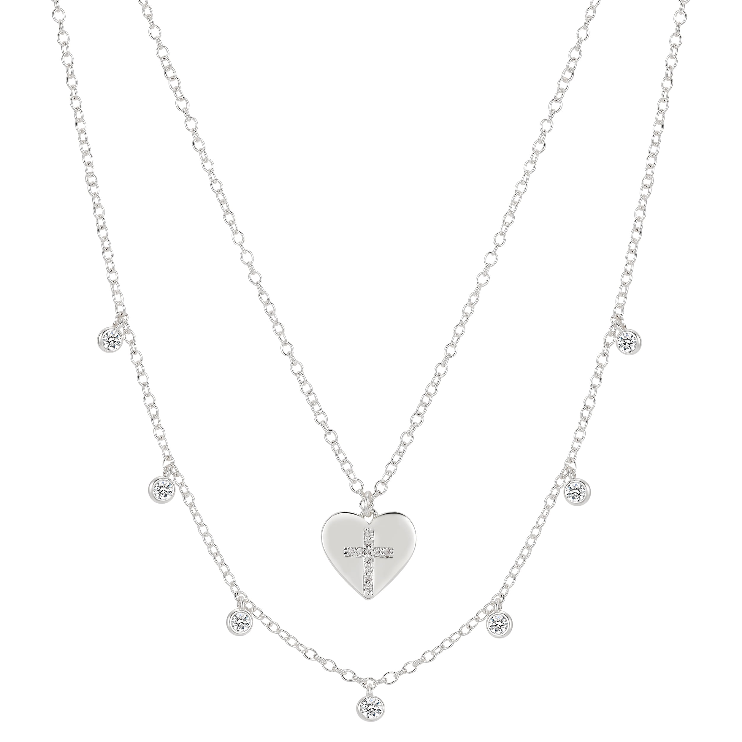 Fine Silver Plated Crystal Coin Cross and Heart Charm Layered Pendant Necklaces, 16 & 18 +2' Extender