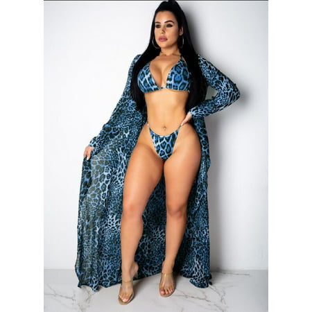 Gueuusu 3PCS Mujer Leopardo Bikini Beach traje de baño cubrir traje Candigan