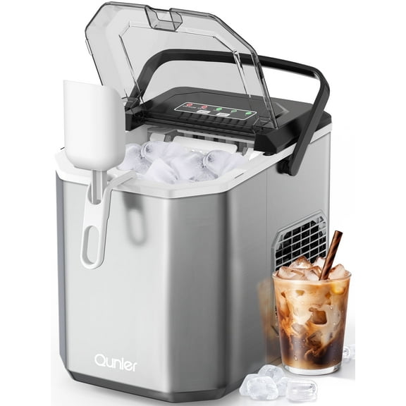 Qunler Countertop Ice Maker Machine, 26lbs/24H, 9 Bullet Ice Cubes in 6 Mins, Self-Cleaning, Basket with Handle, Stainless Steel