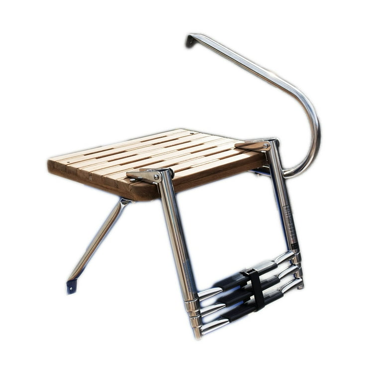 3-Step Stainless Steel Boat Ladder With Teak Platform - Telescoping Swim Ladder For Boats & Docks