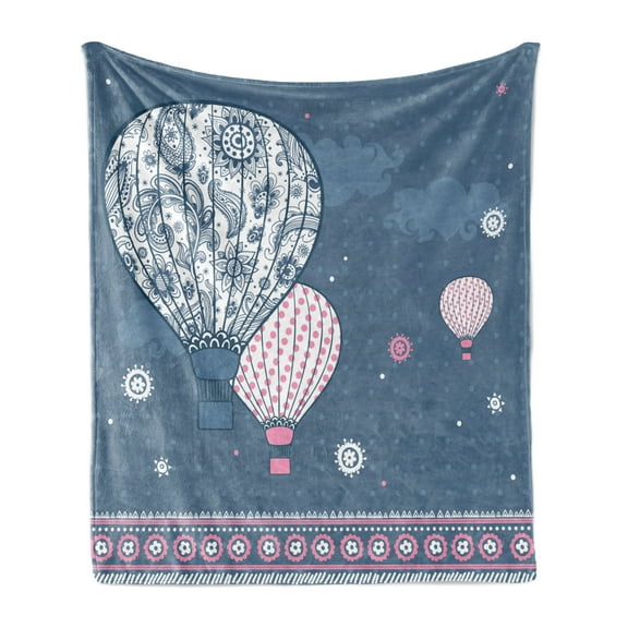 Air Balloon Soft Flannel Fleece Throw Blanket, Floral and Dotted Damask Hot Air Balloons Cloudy Background, Cozy Plush for Indoor and Outdoor Use, 60" x 80", Blue Grey Pale Pink, by Ambesonne