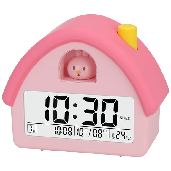 REGALWOVEN House Shape Multifunctional Alarm Clock, Backlight, Three Alarms, Snooze Function for Bedroom/Dorm Pink Bunny 4.3"L x 2.4"W x 5.0"H