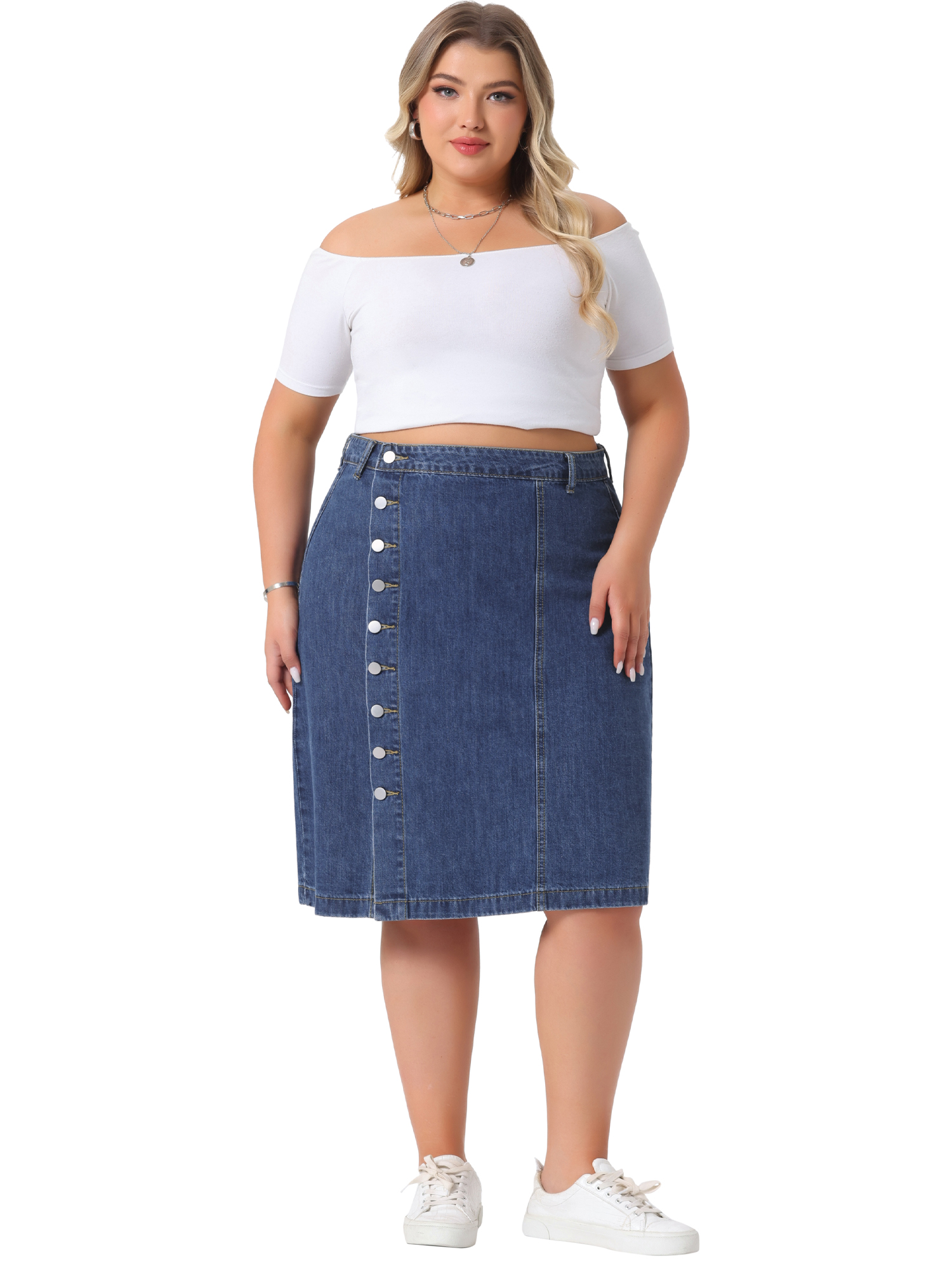 DARING DIVA Women's Plus Button Front High Waist A Line Midi Jean Skirt 4X Blue