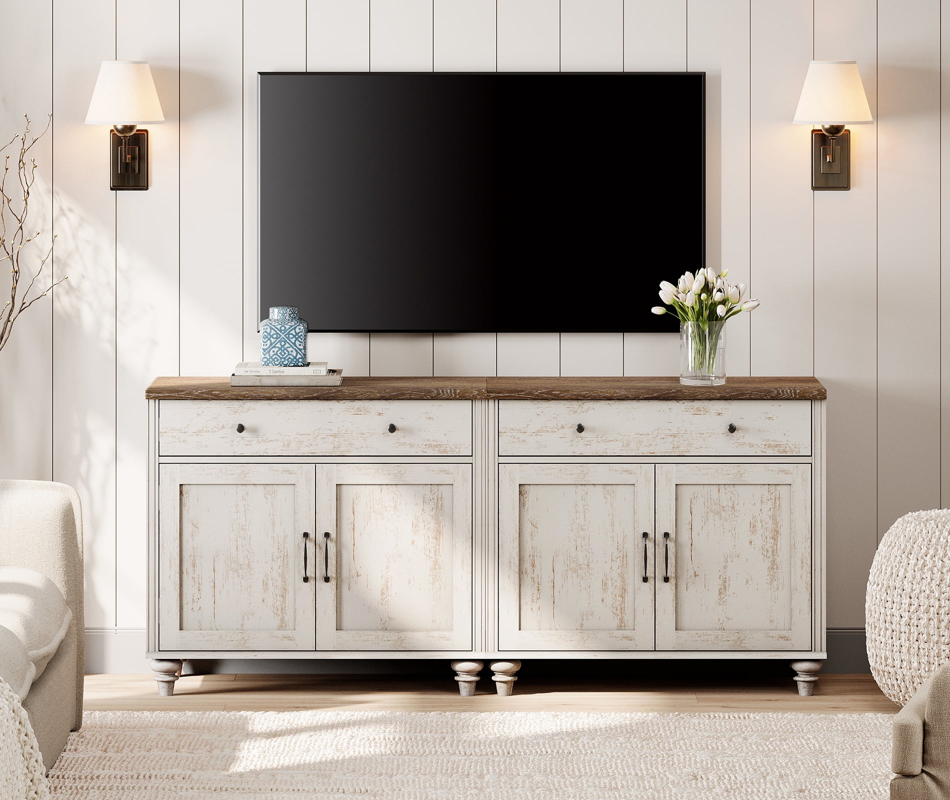 2-in-1 TV Stand, Farmhouse Wood Console Table Storage Cabinet for Living Room, Kitchen Sideboard Buffet Cabinet With Glass Door for Dining Room, Rustic White