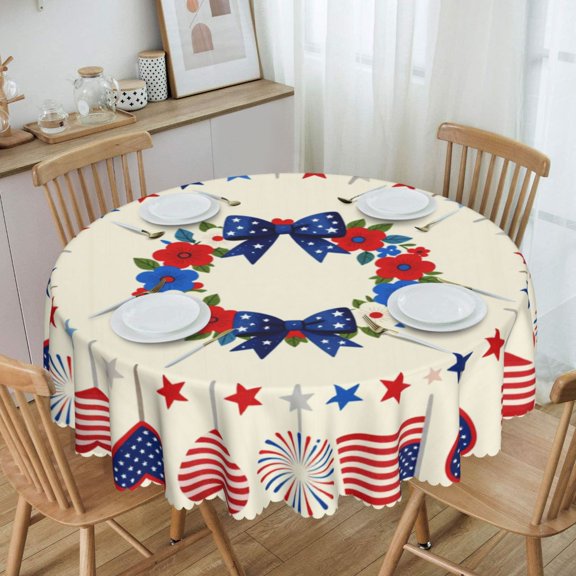 Usa Flag Patriotic Heart Wreath Round Tablecloth Waterproof Oil-Proof Plastic Table Cloth Stain-Resistant Wipeable 60" for Camping, Dining, Indoor and Outdoor