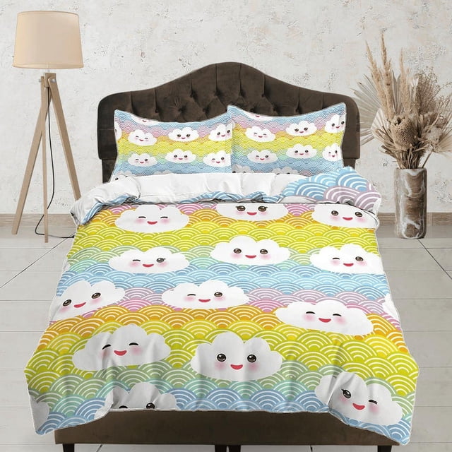 Kawaii Cute Smiling Clouds Colorful Bedding, Juego de Funda Nórdica, Ropa de Cama con Cremallera,