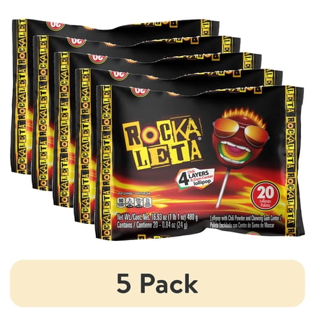 (5 pack) Sonric's Rockaleta Lollipops, Mexican Lollipop with Bubble Gum Center, 20 Count
