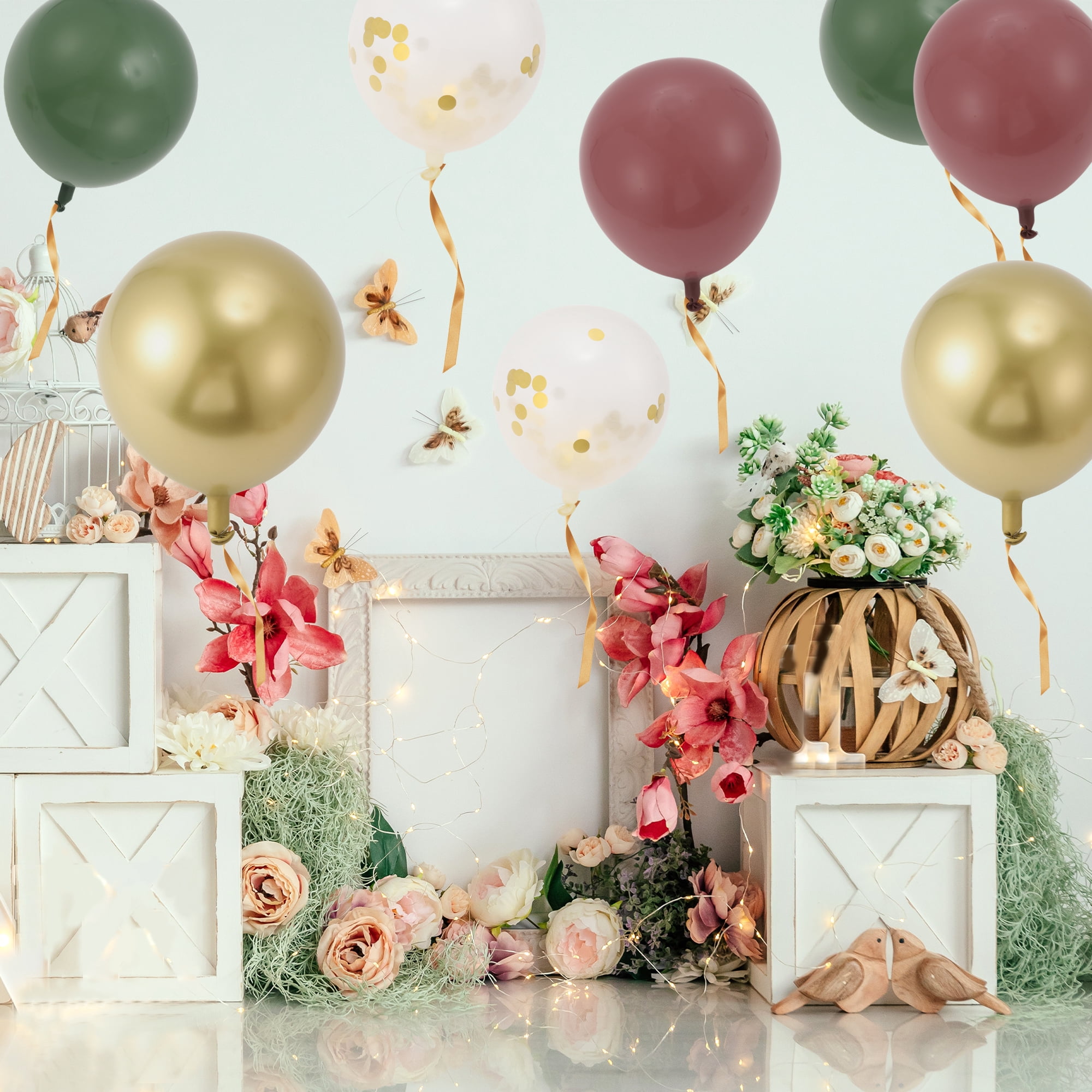 Unique Bargains Latex Party Balloons with Ribbon Green Red Gold Tone Clear 10inch 20Pcs