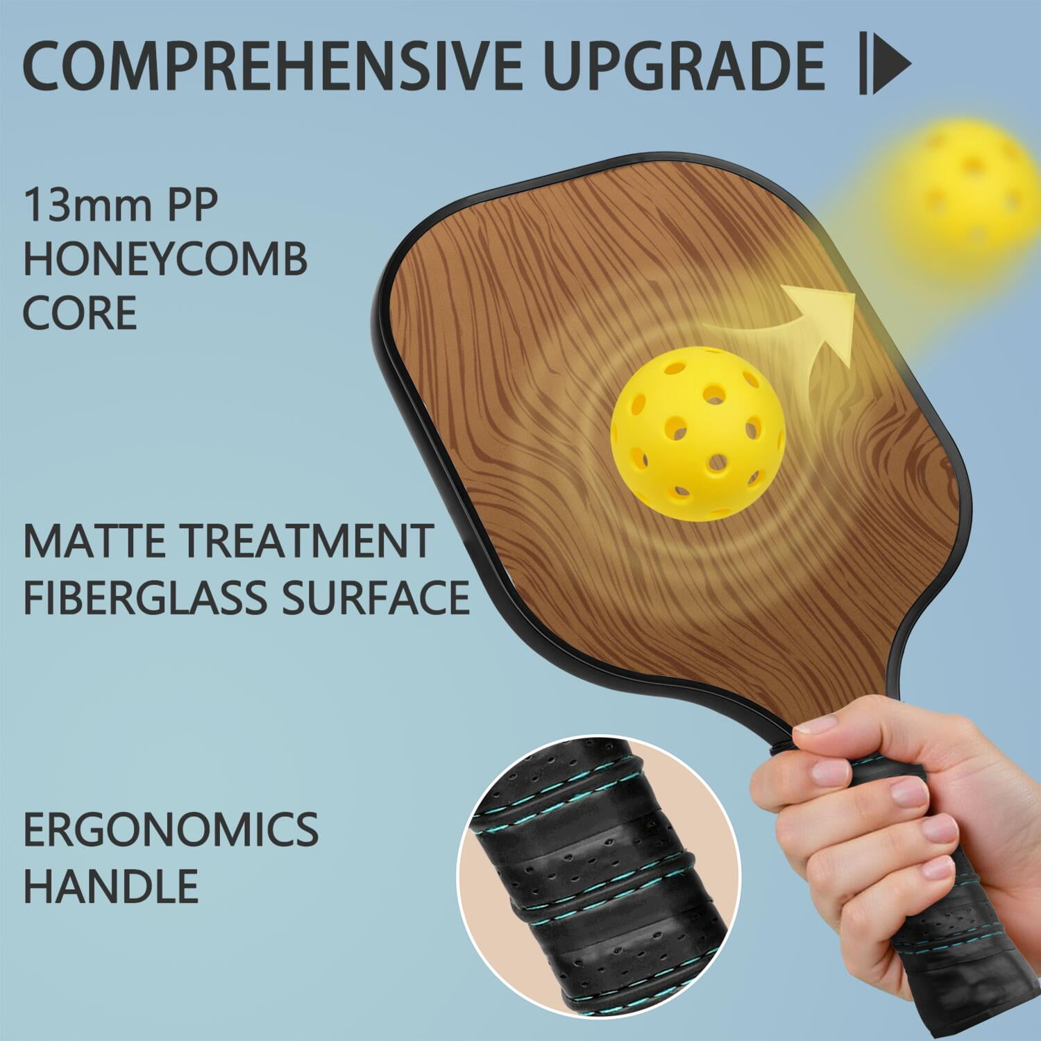 Pickleball Paddles Set Of 1, Fiberglass Surface, Wood Grain Print, 1 Paddle, 2 Balls & Bag