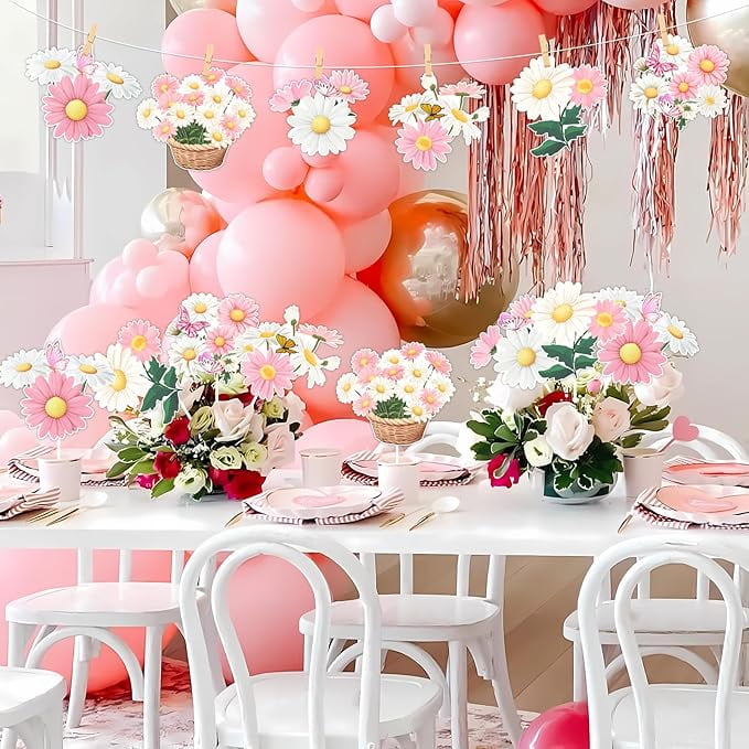 24 Pieces Daisy Flower Birthday Decorations, Daisy Butterfly Centerpiece Sticks for Tables, Pink Daisy Table Toppers for Girls, Boho Groovy Theme Birthday Baby Shower Party Supplies