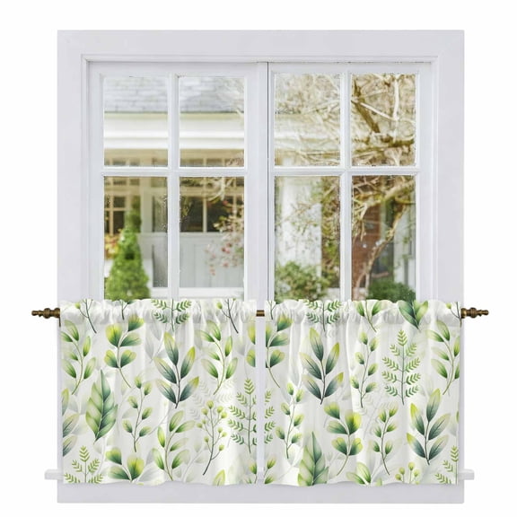 Green Leaves Tier Curtains 24 Inch Length, Summer Botanical Farmhouse Leaf Watercolor Cafe Short Curtains for Bathroom Over Sink, Small Kitchen Curtain Light Filtering Drapes 2 Panels 27.5"Wx24"L