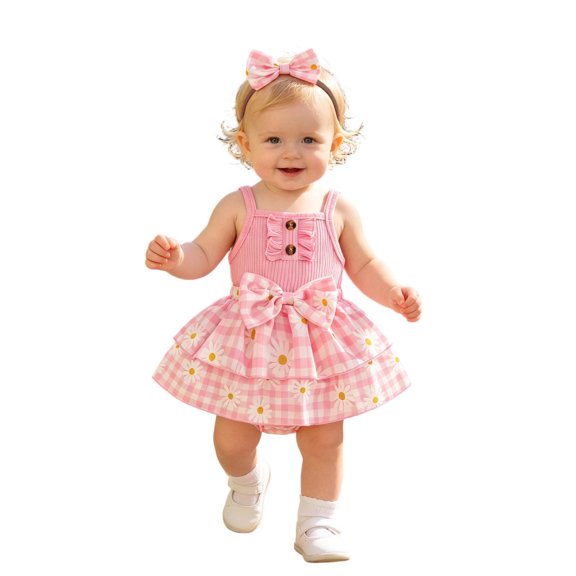 JAJAHO Baby Girl Clothes Romper Dress Sleeveless Plaid Daisy Printed Bow Ribbed Infant Girls Bodysuits With Headbands 2 Piece Set 0-24M Soft Onesie