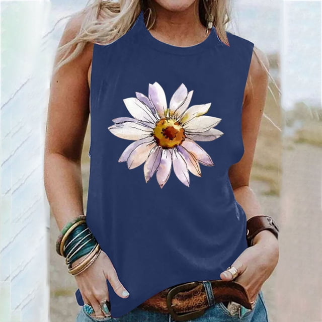 EGNMCR Camisoles pour Femmes T-Shirt d'Été Décontracté à Imprimé à Col Rond Ample Sans Manches pour Femme